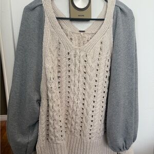 Free People Gray and Cream V-Neck Sweater
